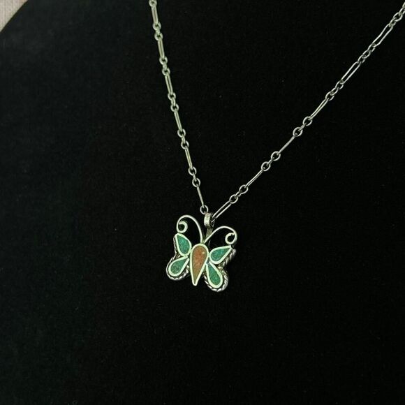 Vintage Sterling Silver 925 Butterfly Turquoise and Coral Chip Pendant 19” Chain - Picture 2 of 6
